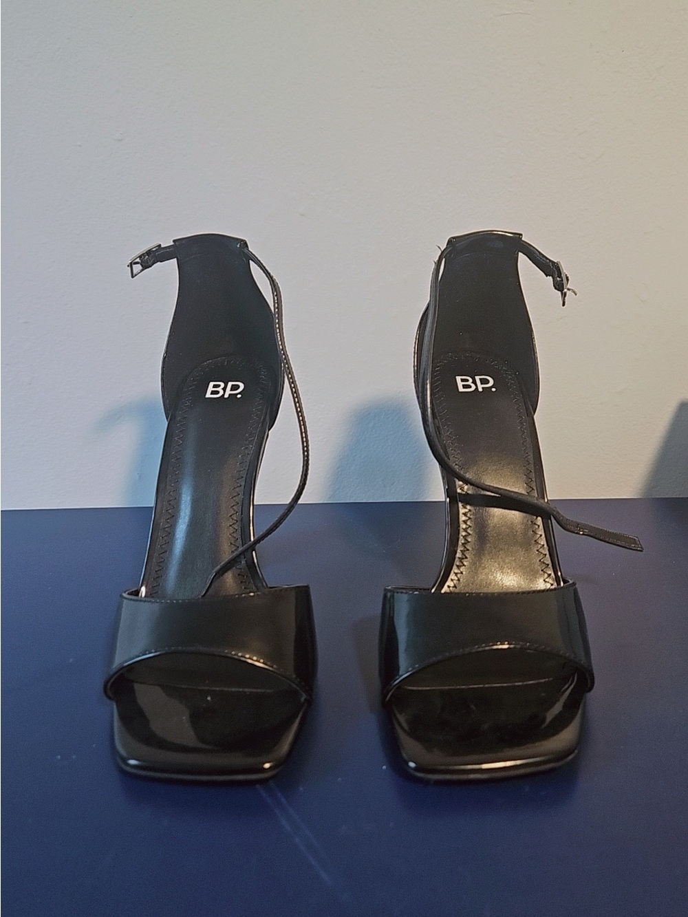 bp Black Patent Square-Toe Ankle-Strap Heels